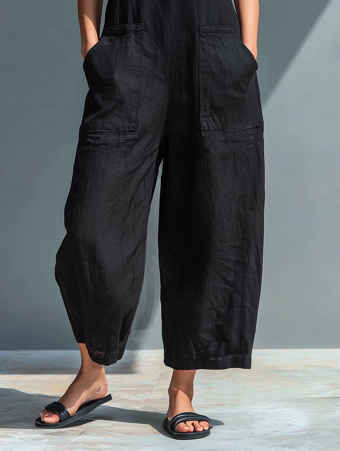 Women's linen blend button sleeveless loose-fitting jumpsuit