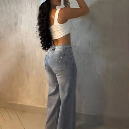 Women's Rhinestone High-Waisted Zipper Jeans - BundleWear