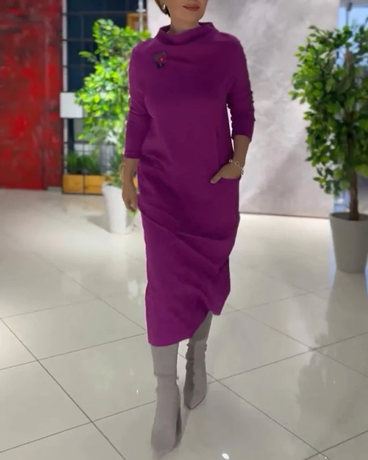 Loose thickened turtleneck dress with pockets