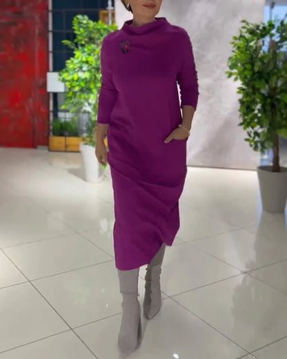 Loose thickened turtleneck dress with pockets