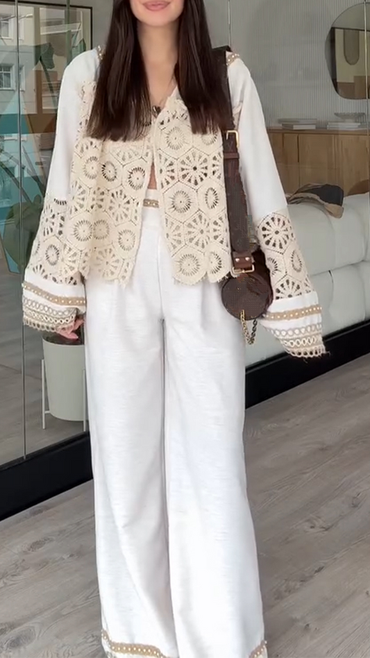 Women's V-neck Hollow Stitching Casual Suit