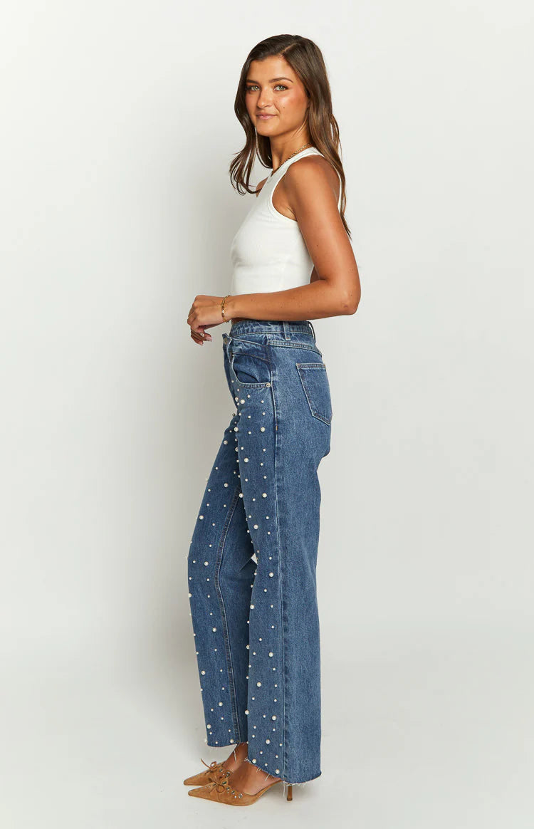 Denim Dazzle Pearl Mid Wash High Waisted Jeans - MATCHING MASTER