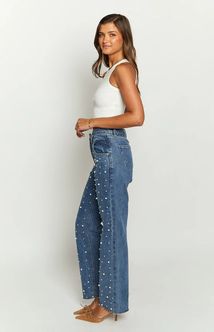 Denim Dazzle Pearl Mid Wash High Waisted Jeans - MATCHING MASTER