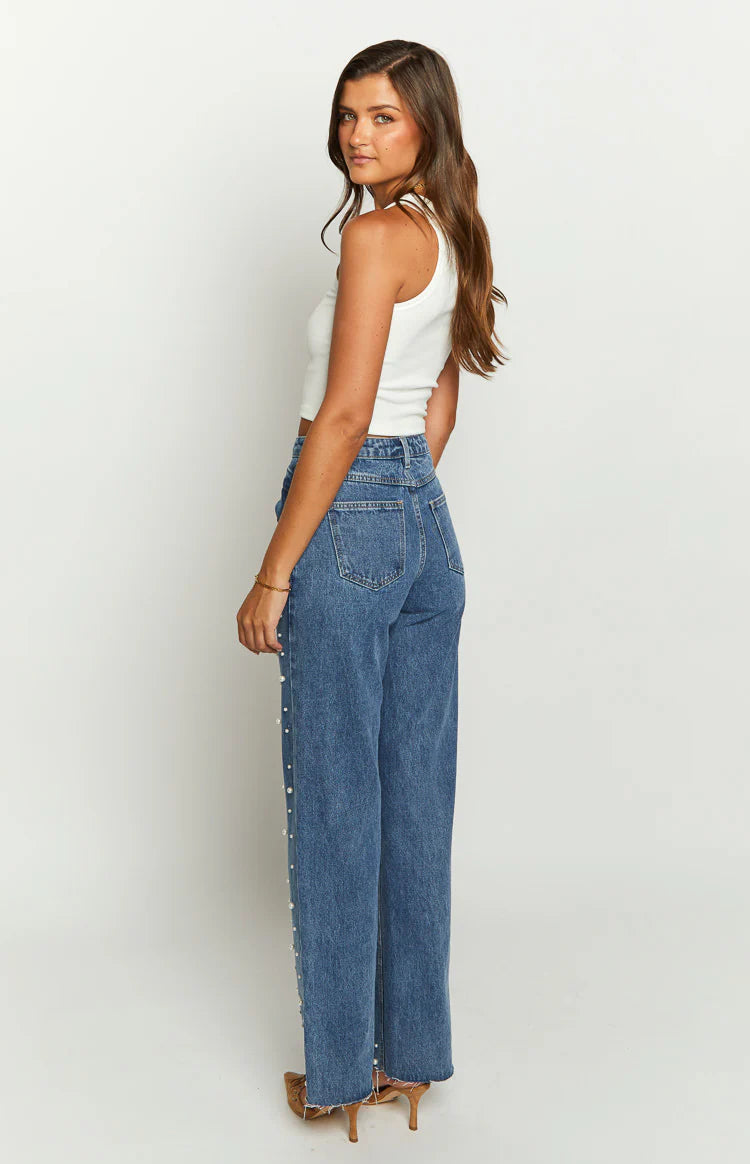 Denim Dazzle Pearl Mid Wash High Waisted Jeans - MATCHING MASTER