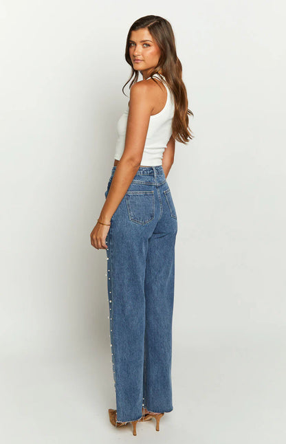 Denim Dazzle Pearl Mid Wash High Waisted Jeans - MATCHING MASTER