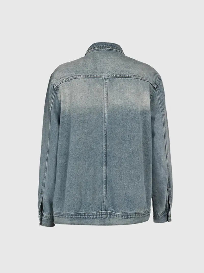 Women's Vintage Washed High Neck Asymmetric Button Loose Denim Jacket - MATCHING MASTER