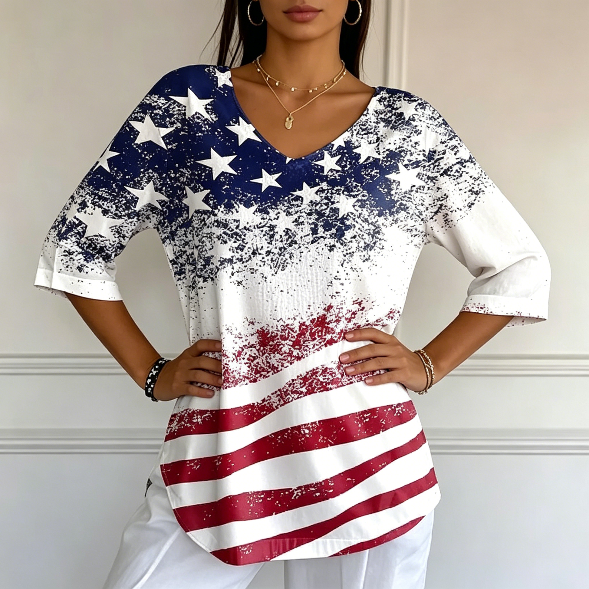 Women's Independence Day Flag Faith Fabric Casual V-neck T-shirt - BundleWear
