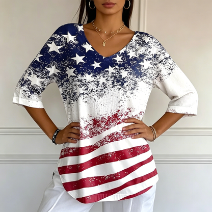 Women's Independence Day Flag Faith Fabric Casual V-neck T-shirt - BundleWear