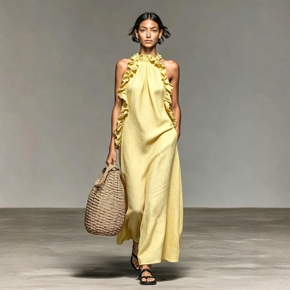 Women's Minimalist Linen-blend Sleeveless Maxi Dress With Ruffle Details - BundleWear