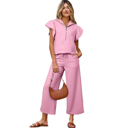 Textured Ruffled Sleeve Zipped Top and Wide Leg Pants Set - BundleWear