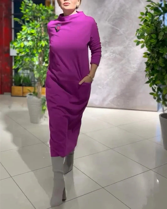 Loose thickened turtleneck dress with pockets