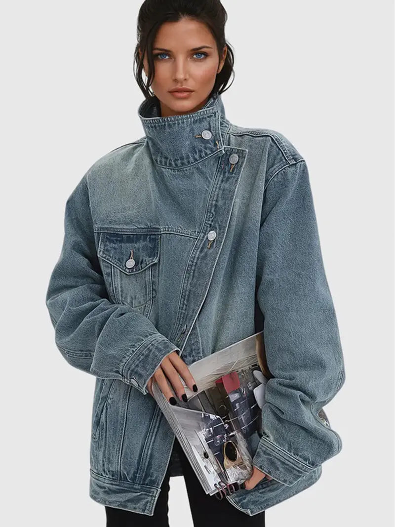 Women's Vintage Washed High Neck Asymmetric Button Loose Denim Jacket - MATCHING MASTER