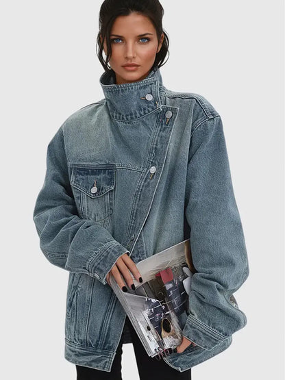 Women's Vintage Washed High Neck Asymmetric Button Loose Denim Jacket - MATCHING MASTER
