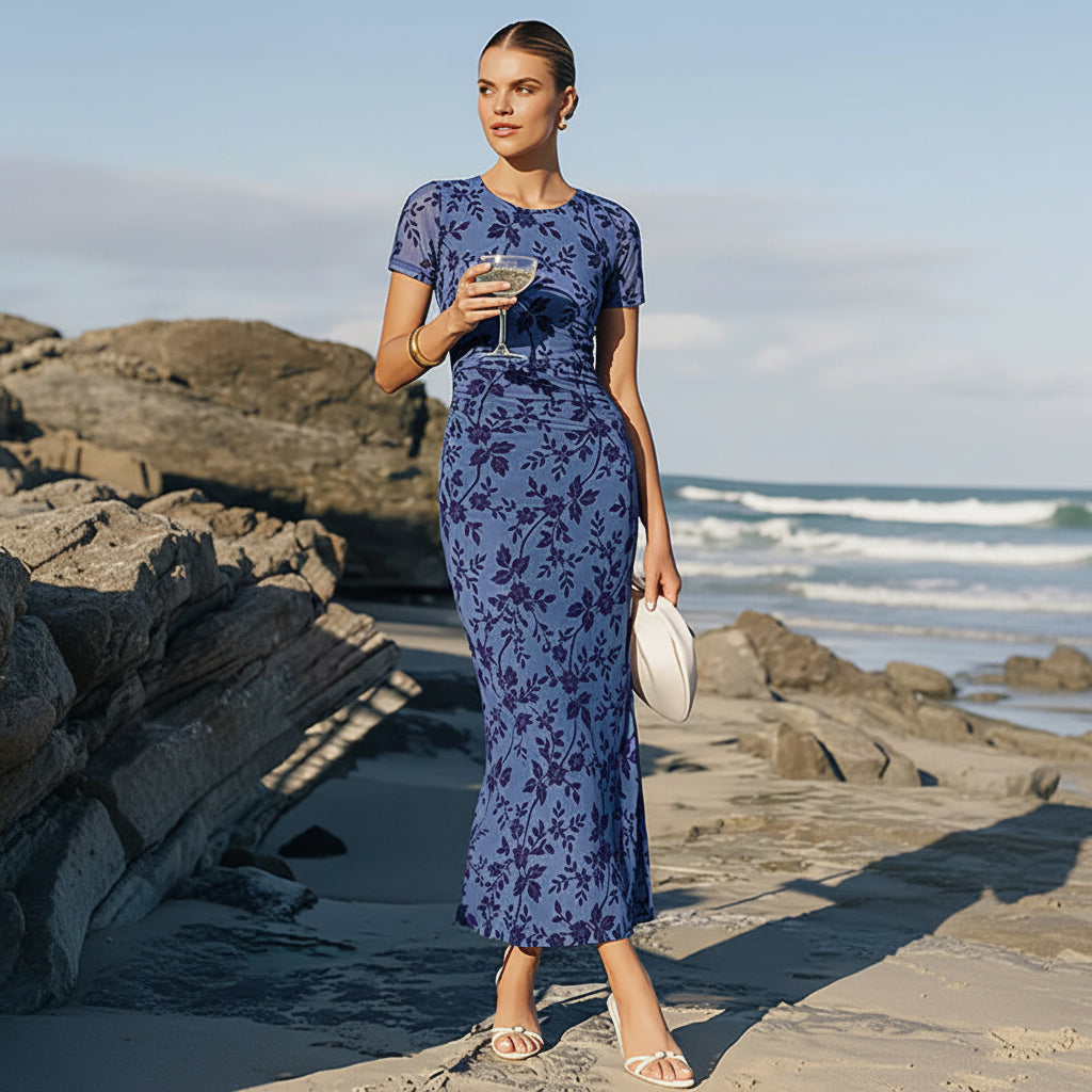 Floral print fitted waist elegant mesh dress