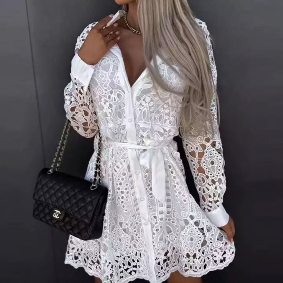 Short Lace Shirt Dress with Long Sleeves