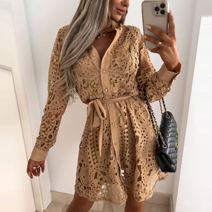 Short Lace Shirt Dress with Long Sleeves