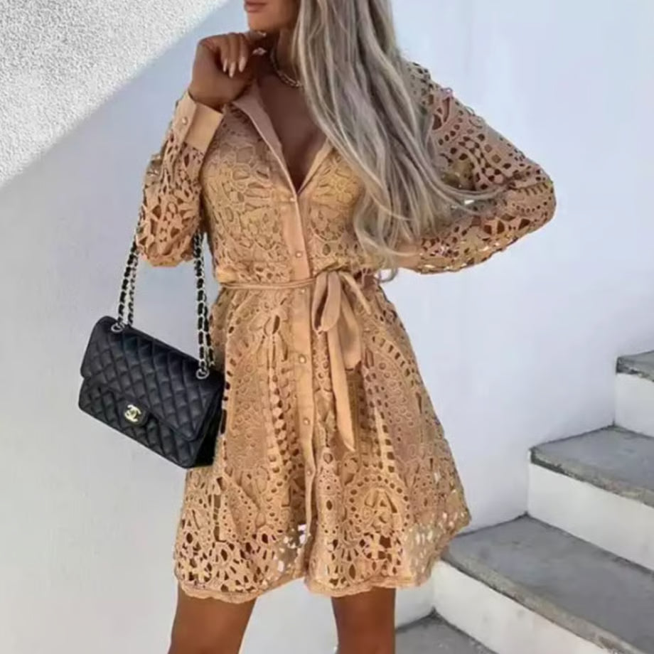 Short Lace Shirt Dress with Long Sleeves