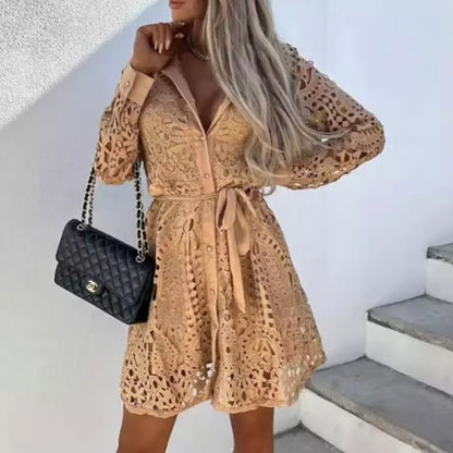 Short Lace Shirt Dress with Long Sleeves