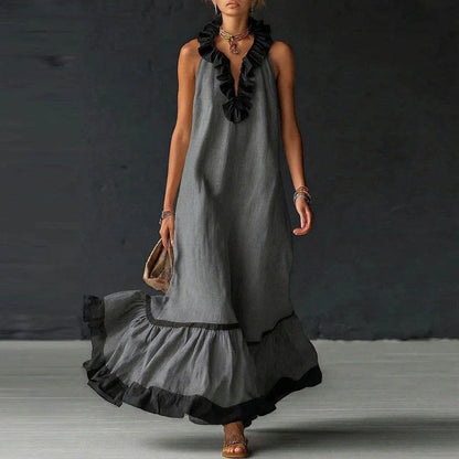 RUFFLED V-NECK MAXI DRESS