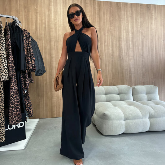 Solid ColorSleeveless Off-shoulderHalter Neck WaistJumpsuit - BundleWear