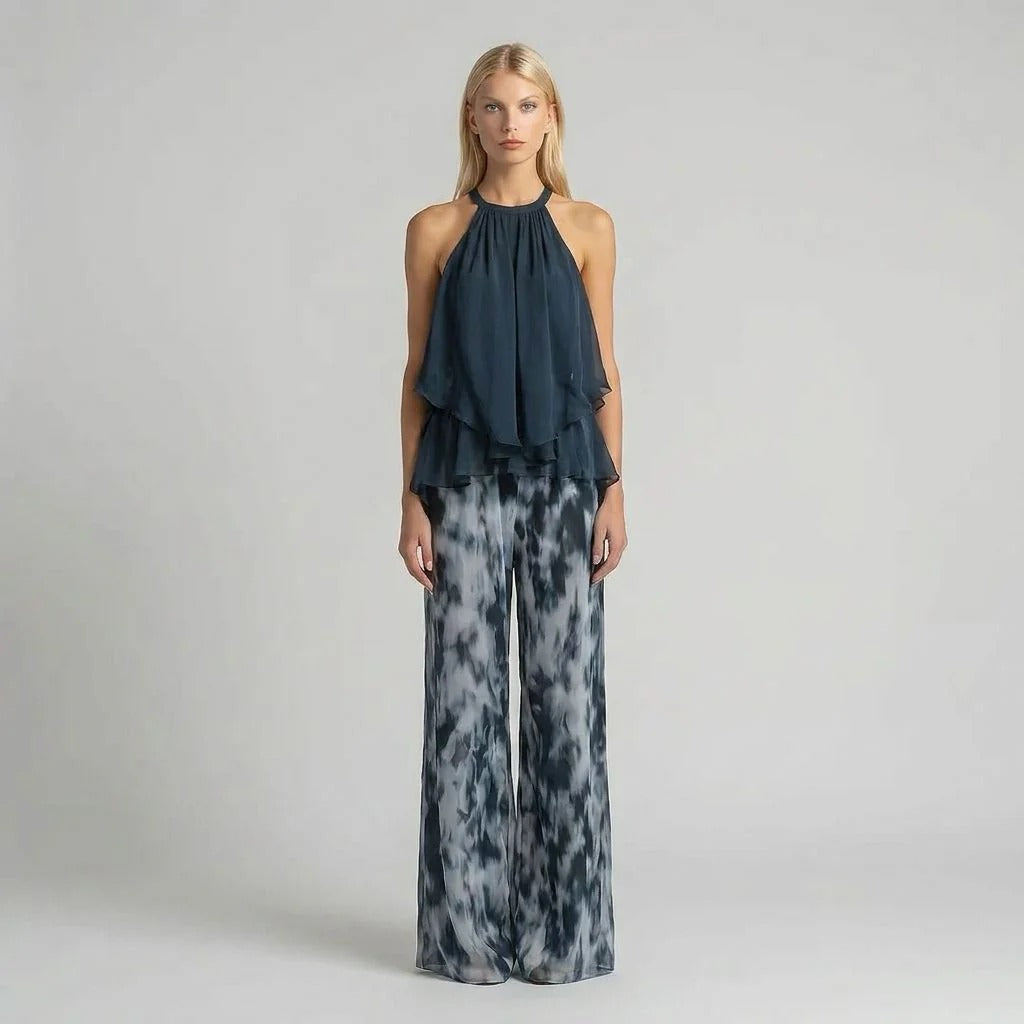 A halter-neck ruffled chiffon top and tie-dye wide-leg pants set - BundleWear