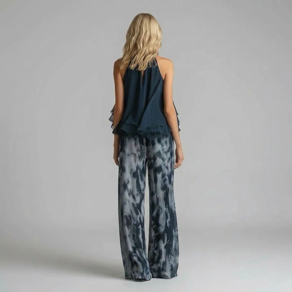 A halter-neck ruffled chiffon top and tie-dye wide-leg pants set - BundleWear