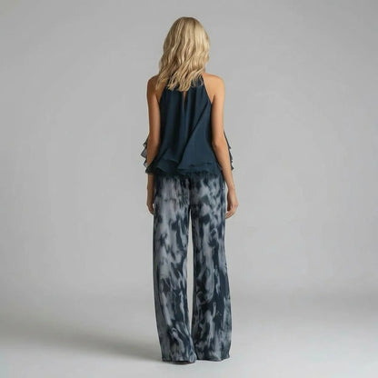 A halter-neck ruffled chiffon top and tie-dye wide-leg pants set - BundleWear