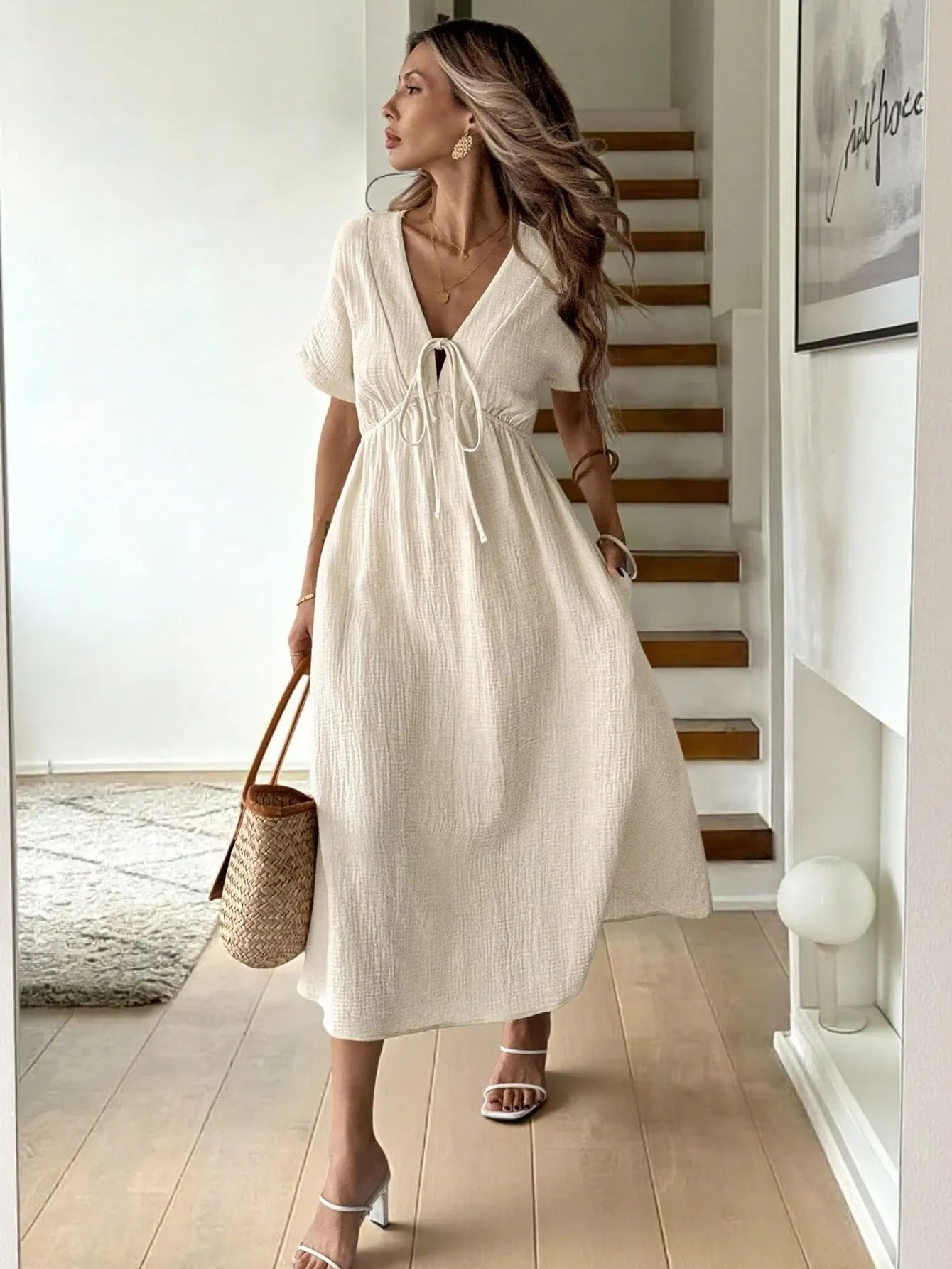 Casual bow-tie short-sleeved dress - BundleWear