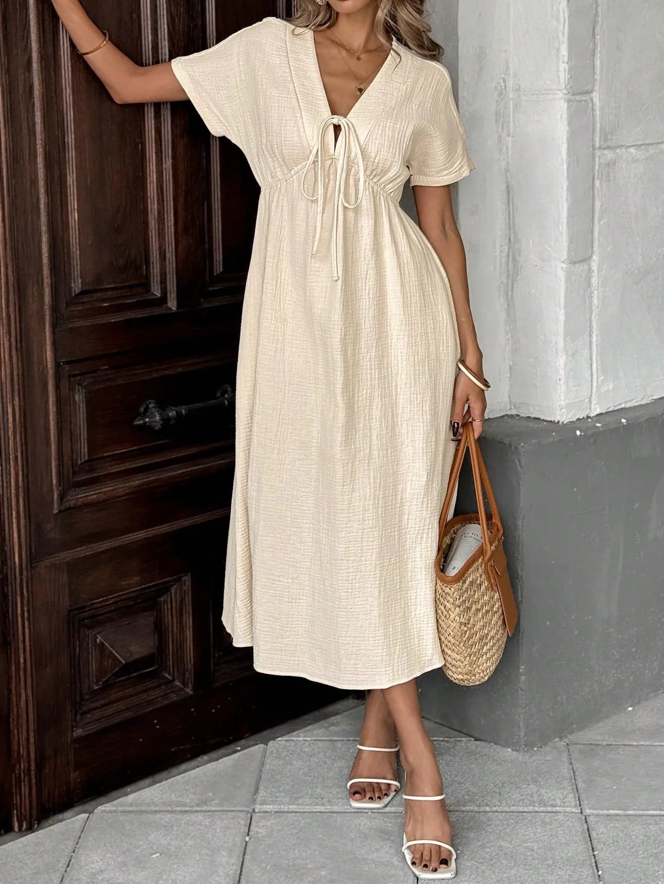 Casual bow-tie short-sleeved dress - BundleWear