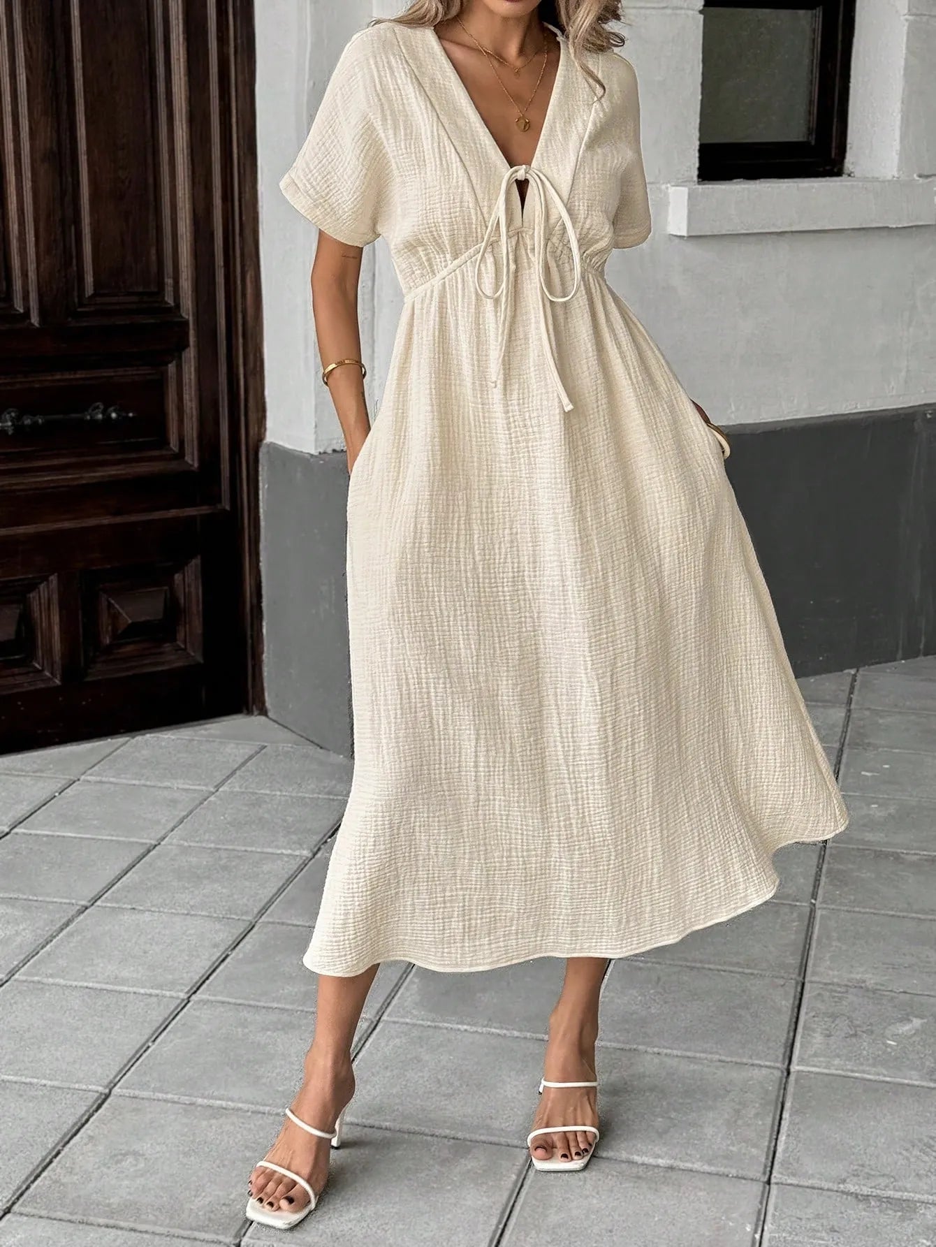 Casual bow-tie short-sleeved dress - BundleWear