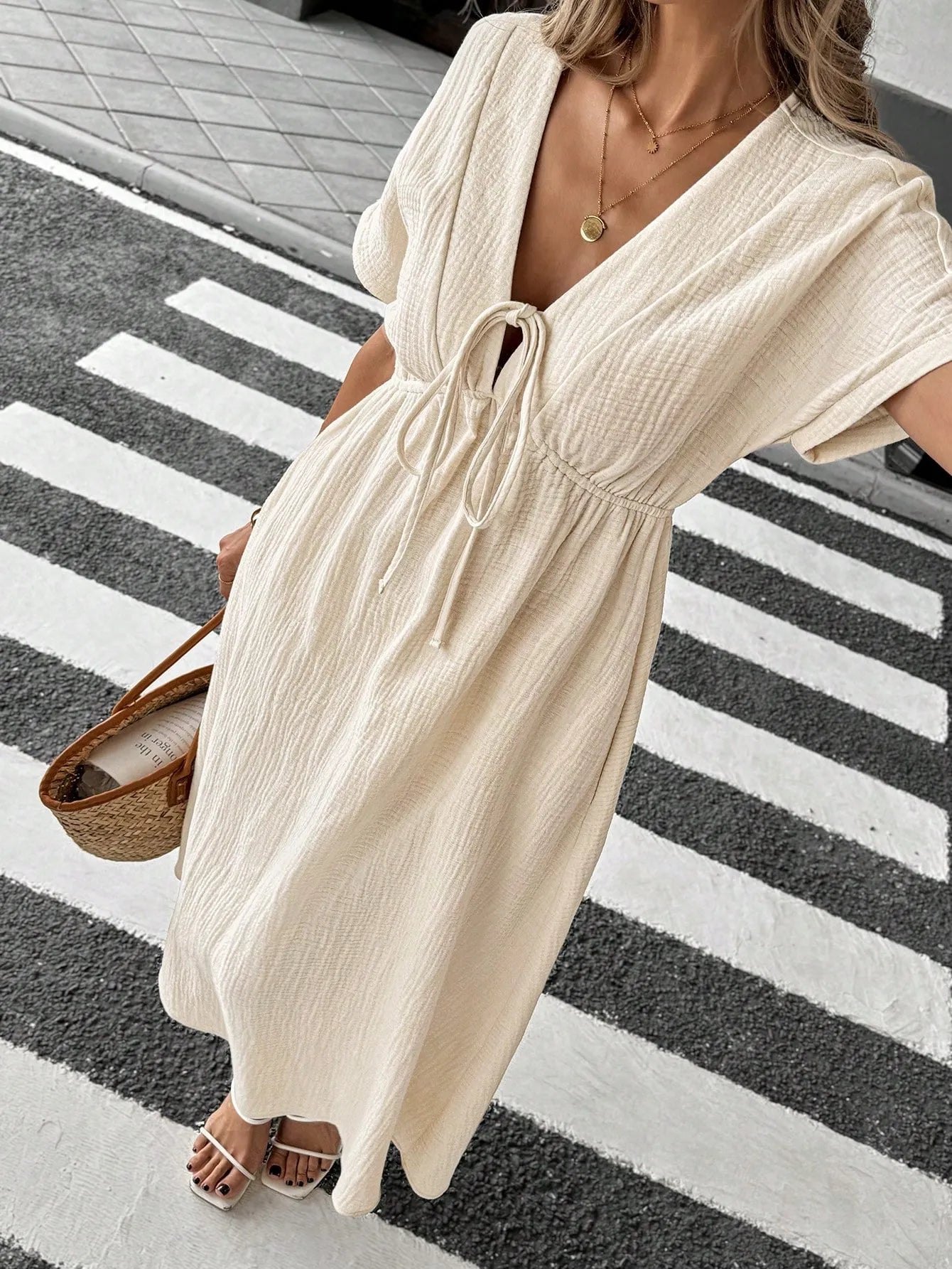 Casual bow-tie short-sleeved dress - BundleWear