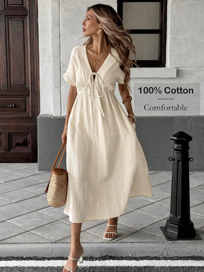 Casual bow-tie short-sleeved dress - BundleWear