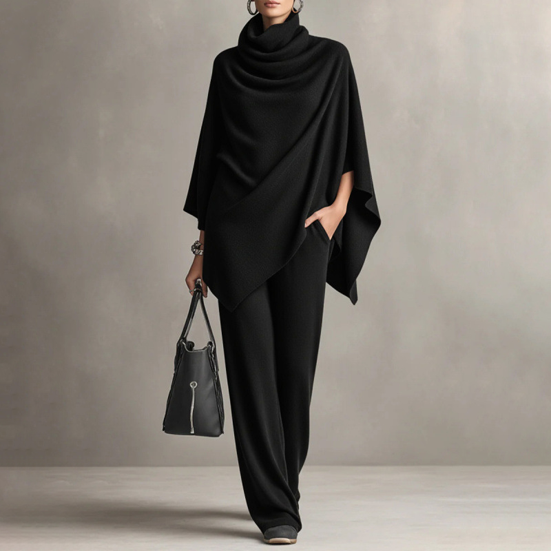 Women's Cowl Neck Cape & Wide-Leg Pants Set - MATCHING MASTER