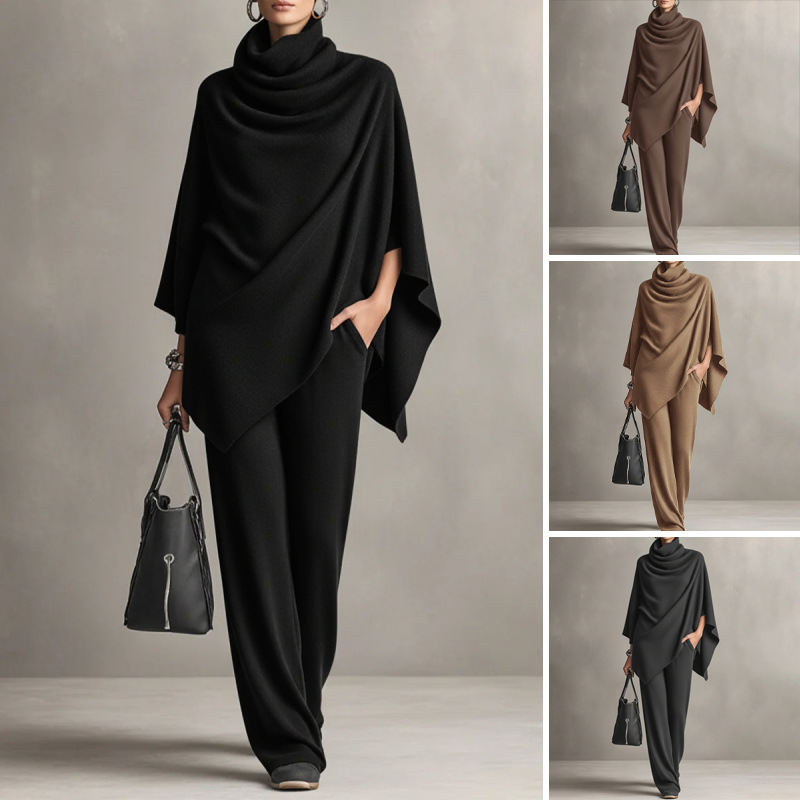 Women's Cowl Neck Cape & Wide-Leg Pants Set - MATCHING MASTER