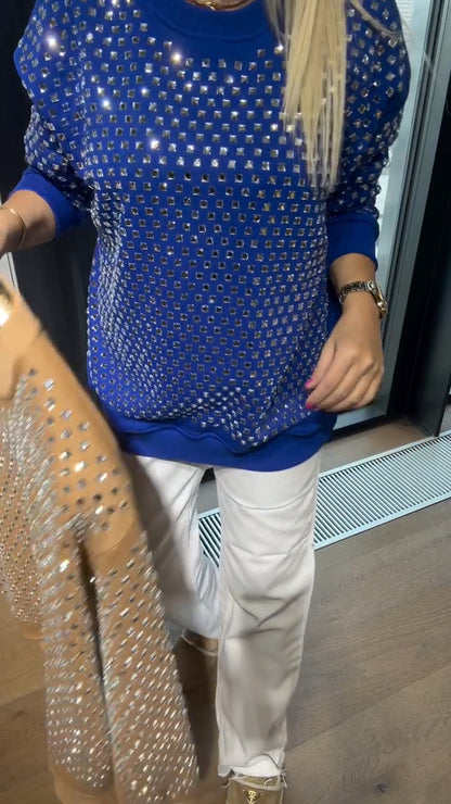 WOMEN'S CREW NECK RHINESTONE CASUAL SWEATSHIRT - MATCHING MASTER