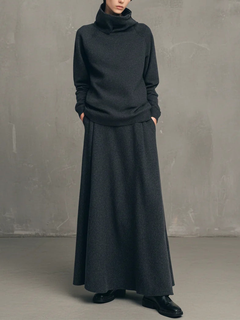 LAYER HIGH-NECK TOP AND FLARED LONG SKIRT SET - MATCHING MASTER