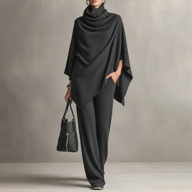 Women's Cowl Neck Cape & Wide-Leg Pants Set - MATCHING MASTER