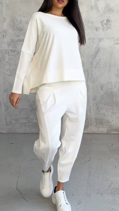 Women Plus Size Casual Round Neck Long Sleeve Two Piece Suit