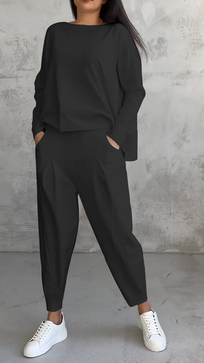 Women Plus Size Casual Round Neck Long Sleeve Two Piece Suit