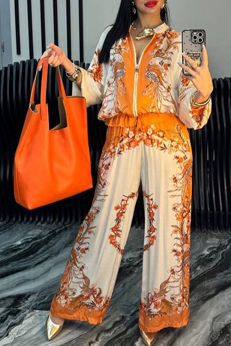 Women's Satin Zipper Printed Casual Suit - MATCHING MASTER