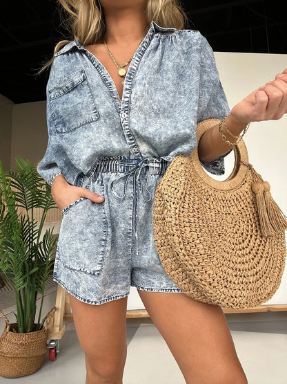 Ladies' Lapel Patchwork Wash Top+ Shorts Casual Suit - MATCHING MASTER