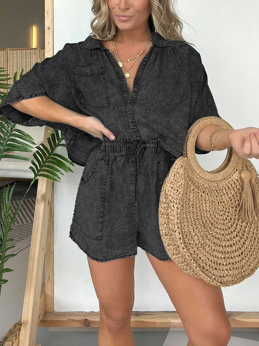 Ladies' Lapel Patchwork Wash Top+ Shorts Casual Suit - MATCHING MASTER