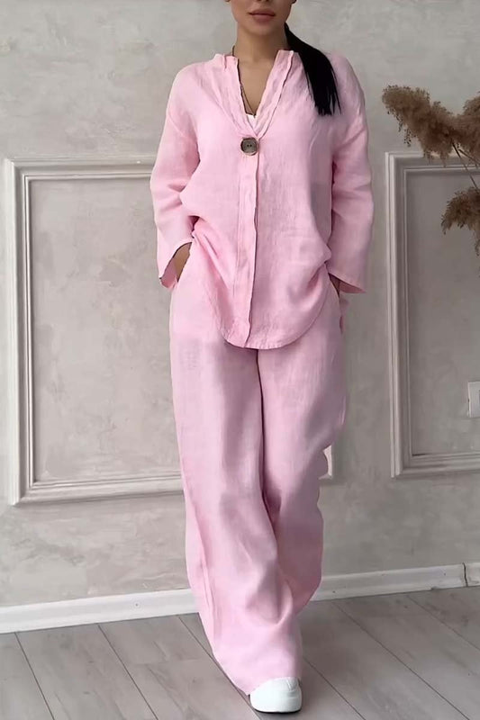 Casual button decorated cotton and linen two-piece set - MATCHING MASTER
