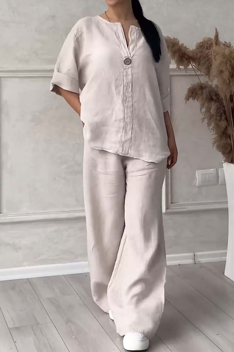 Casual button decorated cotton and linen two-piece set - MATCHING MASTER