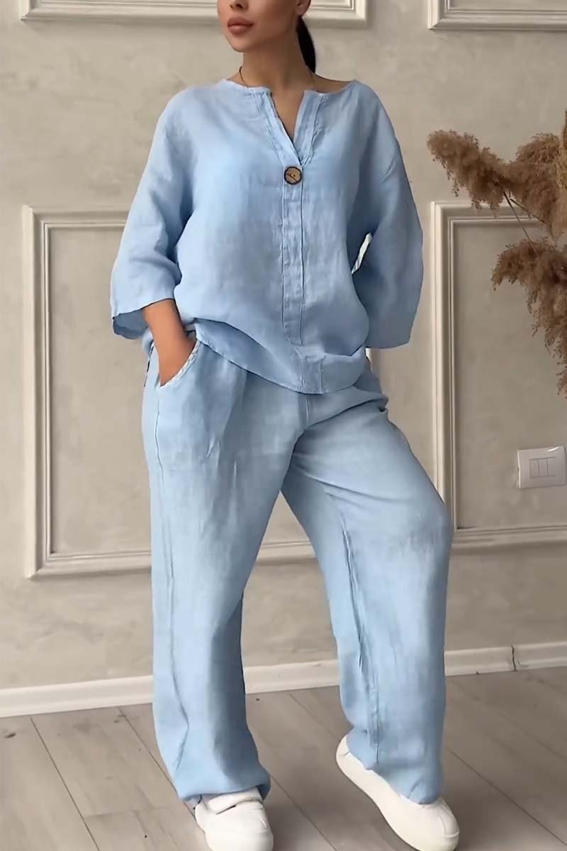 Casual button decorated cotton and linen two-piece set - MATCHING MASTER