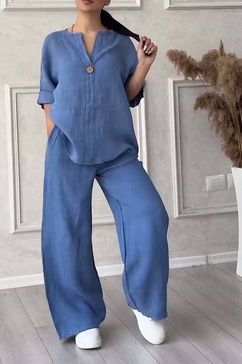 Casual button decorated cotton and linen two-piece set - MATCHING MASTER