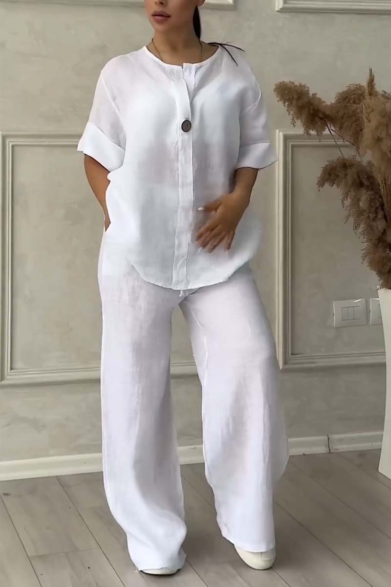 Casual button decorated cotton and linen two-piece set - MATCHING MASTER
