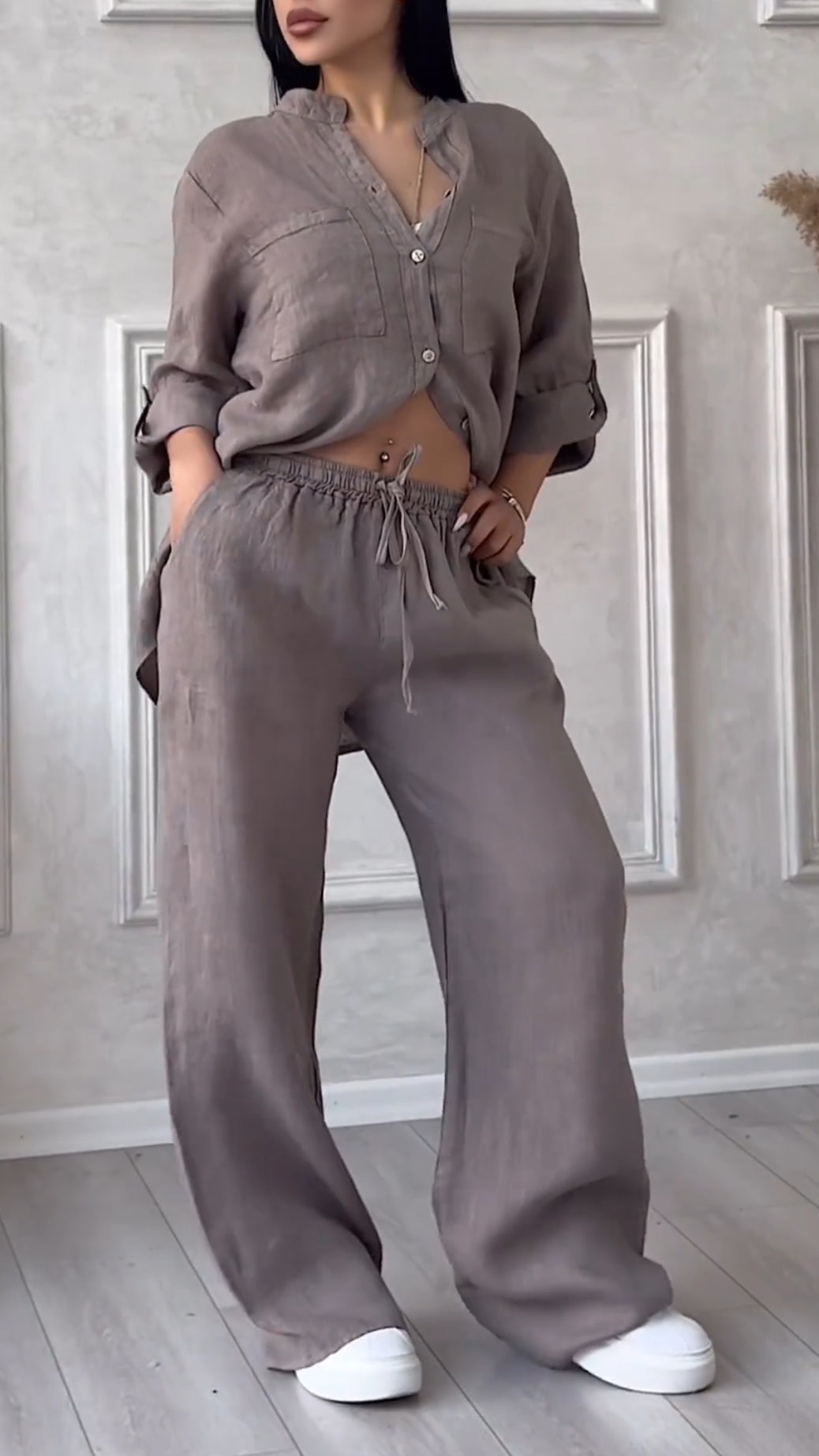 Women's V-neck Cotton and Linen Casual Suit - MATCHING MASTER