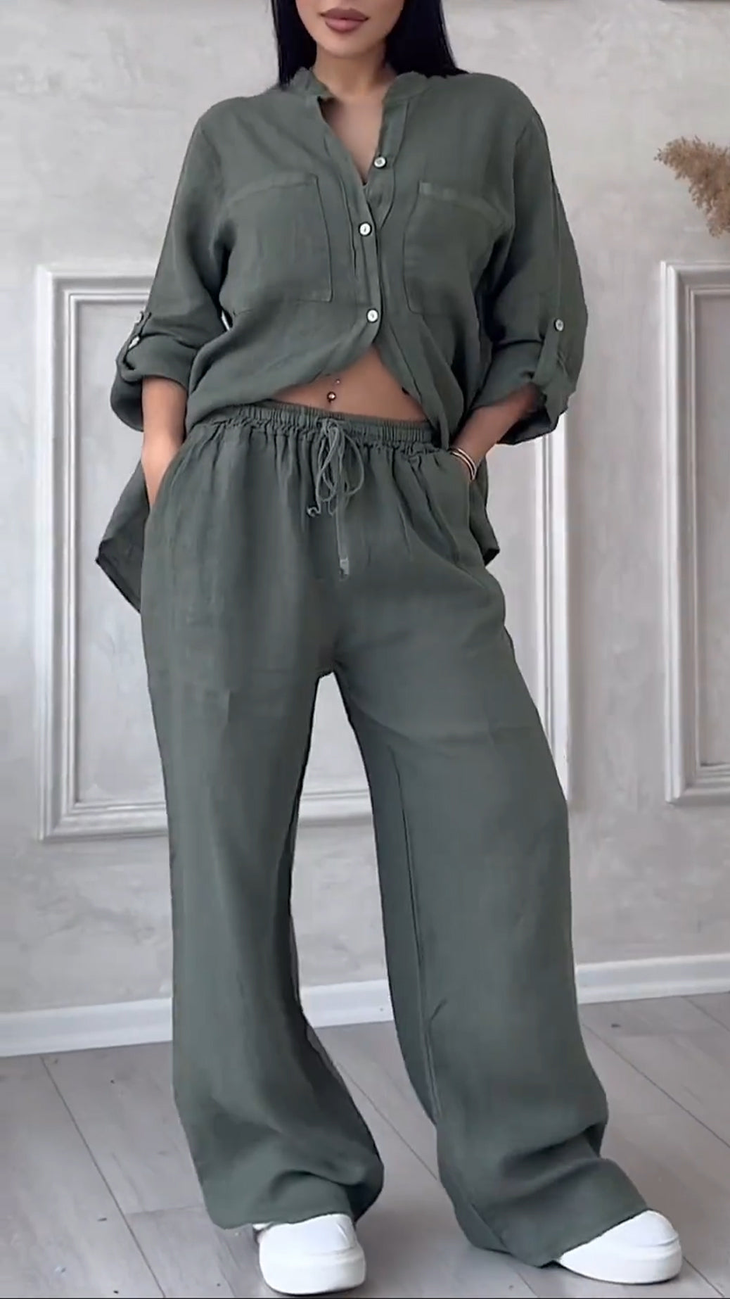 Women's V-neck Cotton and Linen Casual Suit - MATCHING MASTER