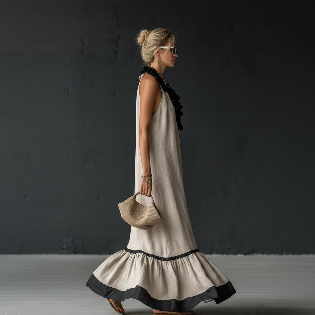 RUFFLED V-NECK MAXI DRESS